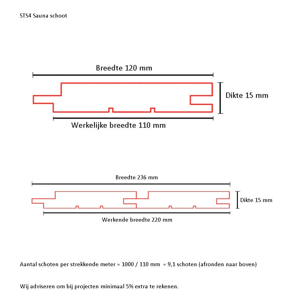 SW Elzen Saunaschroten STS4 15*120 - 2700 mm