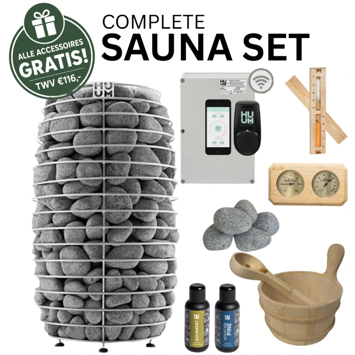 HUUM HIVE mini 10,5 kW Compleet Saunapakket - Met Gratis Grenen Accessoires