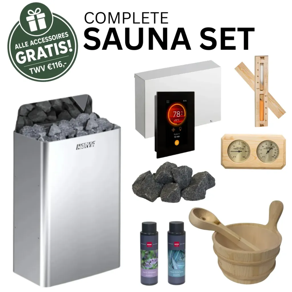 Harvia Wall 9,0 kW Compleet Saunapakket - Met Gratis Grenen Accessoires