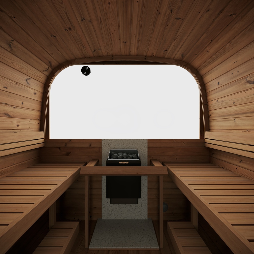 VIBE 385 XL Buitensauna half glas achterkant interieur- Tuinsauna / Voor 4-6 Personen