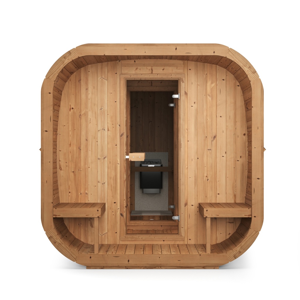 VIBE 385 XL Buitensauna vooraanzicht gesloten achterkant- Tuinsauna / Voor 4-6 Personen