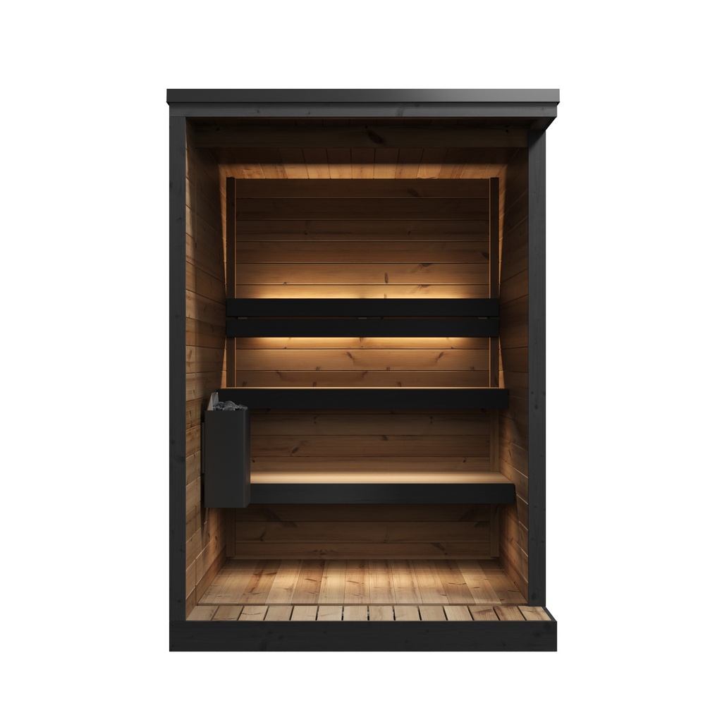 HIKI Small Buitensauna-Tuinsauna Vooraanzicht Met Licht Zwart/ Voor 1-3 Personen