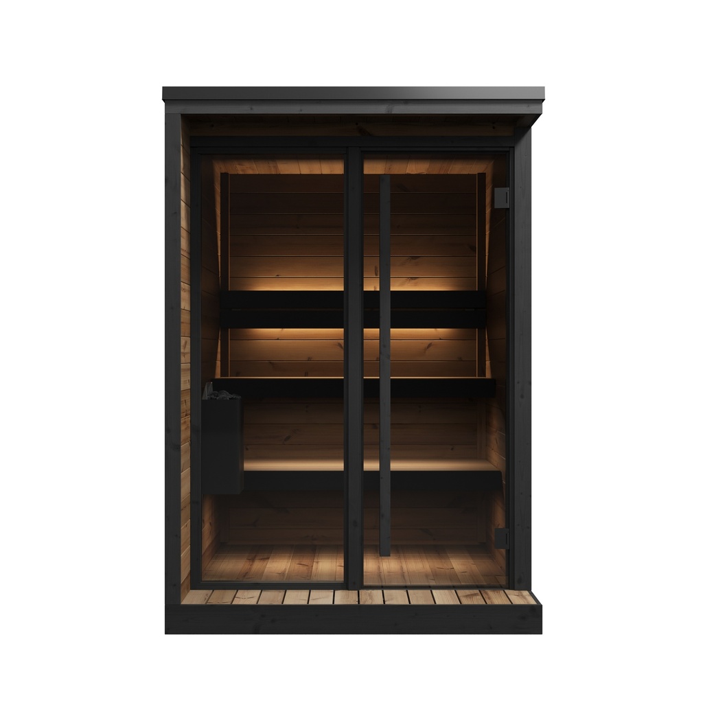 HIKI Small Buitensauna-Tuinsauna Vooraanzicht inclusief Saunadeuren en SaunaKachel Zwart/ Voor 1-3 Personen