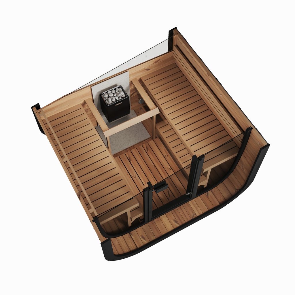 VIBE 220 XL Buitensauna - Tuinsauna interieur bovenaanzicht/ Voor 2-4 Personen