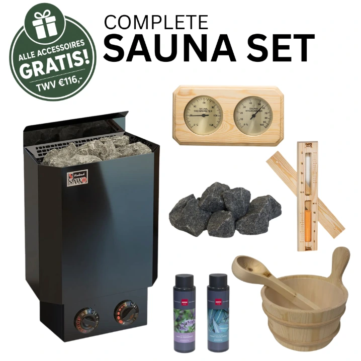 Sawo Nordex Mini Black Compleet Saunapakket - Met Gratis Grenen Accessoires